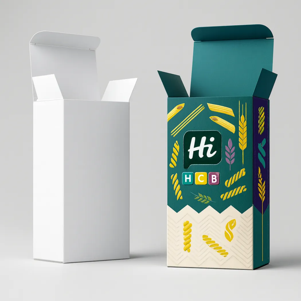 Two upright rectangular pasta boxes- one blank white and one teal featuring various illustrated pasta shapes- class=